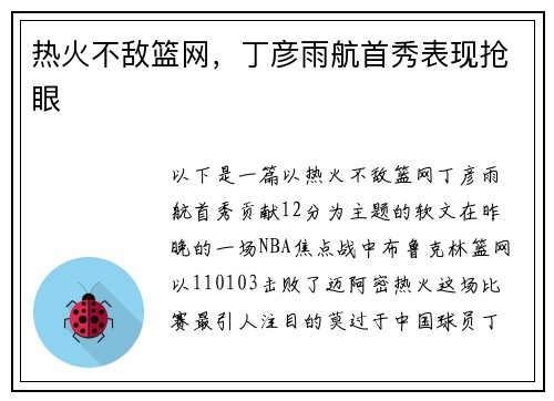 热火不敌篮网，丁彦雨航首秀表现抢眼