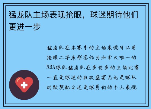 猛龙队主场表现抢眼，球迷期待他们更进一步